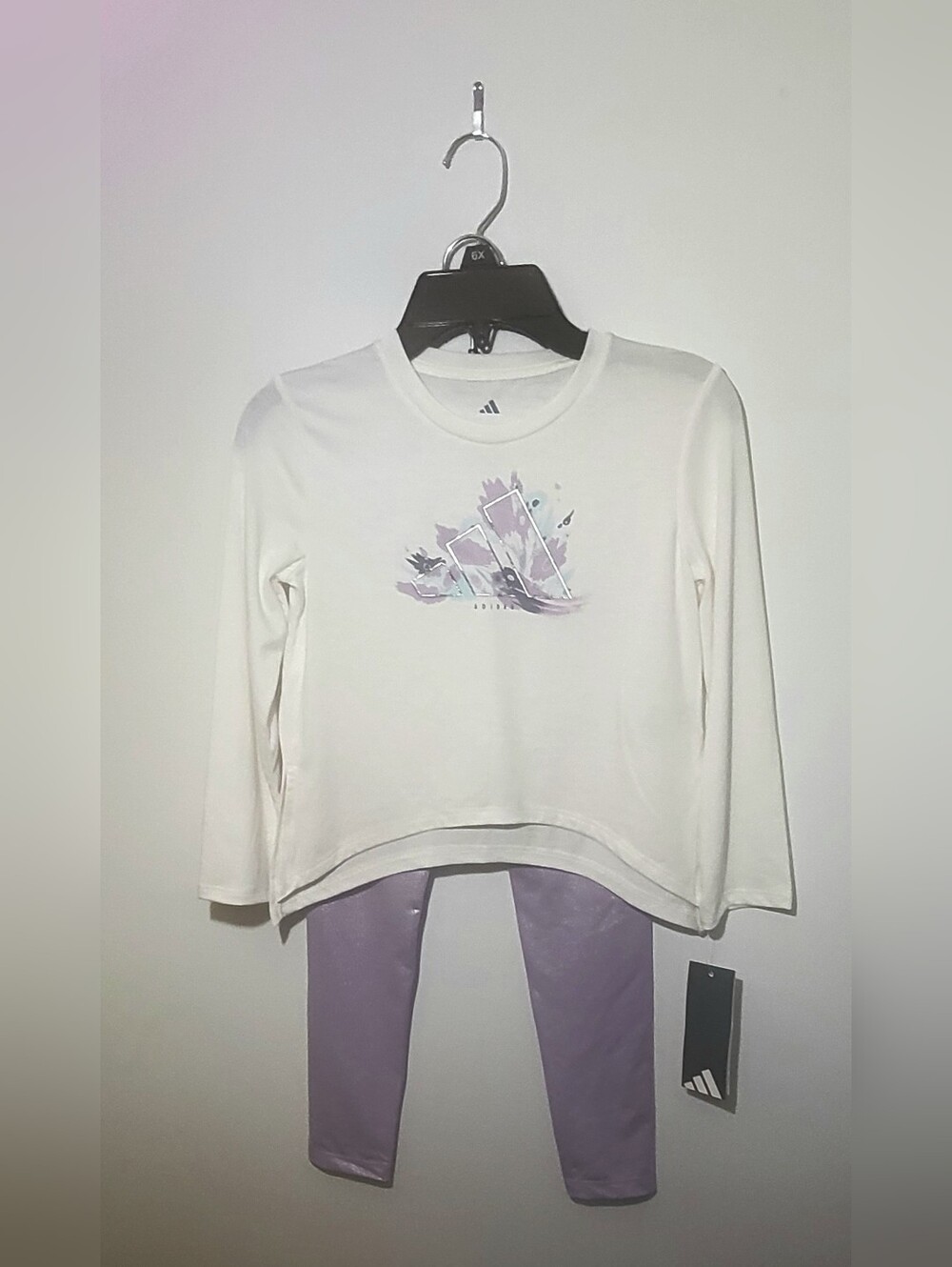 Adidas Girls 2-piece Set, White Purple, Size 6x, Long Sleeve Top legging NEW
